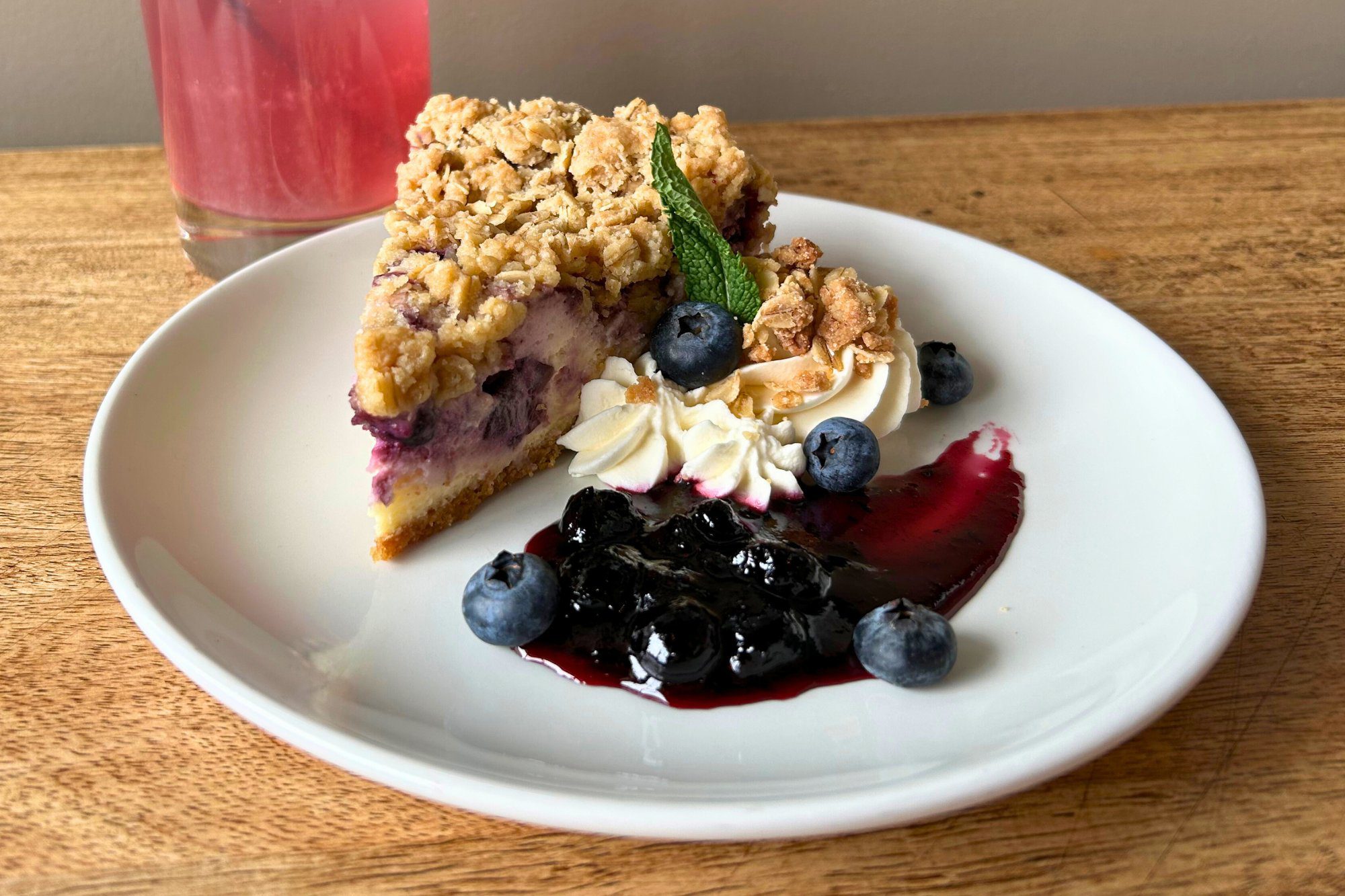 blueberry crumble cheesecake dessert at the bistro