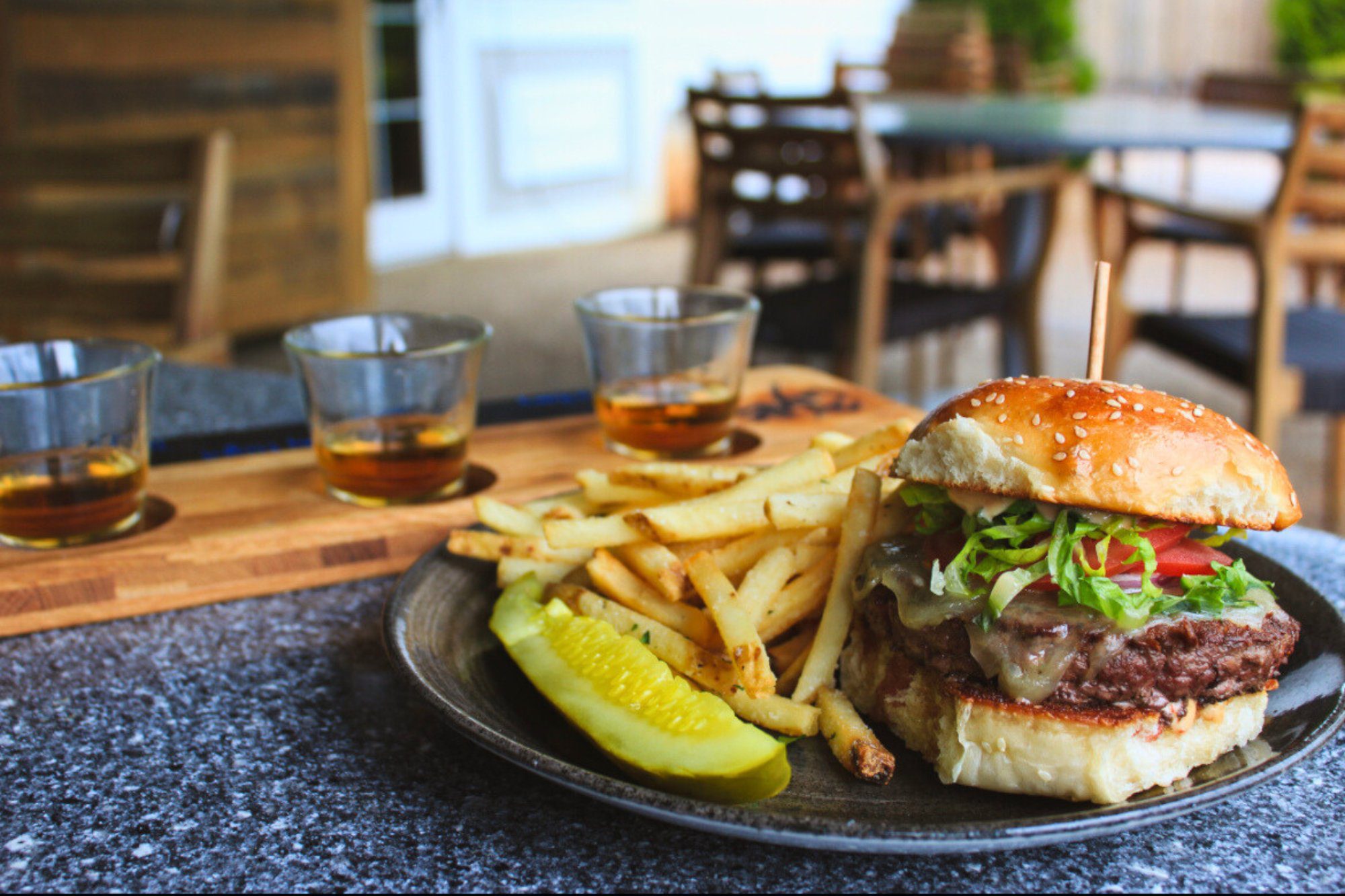 burger with fries dine outdoors at americus