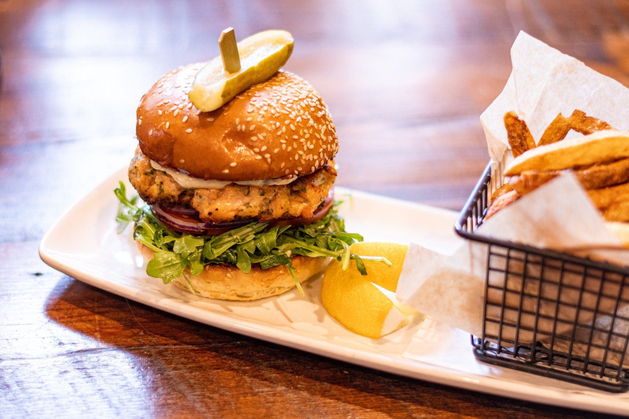 salmon burger entree americus restaurant