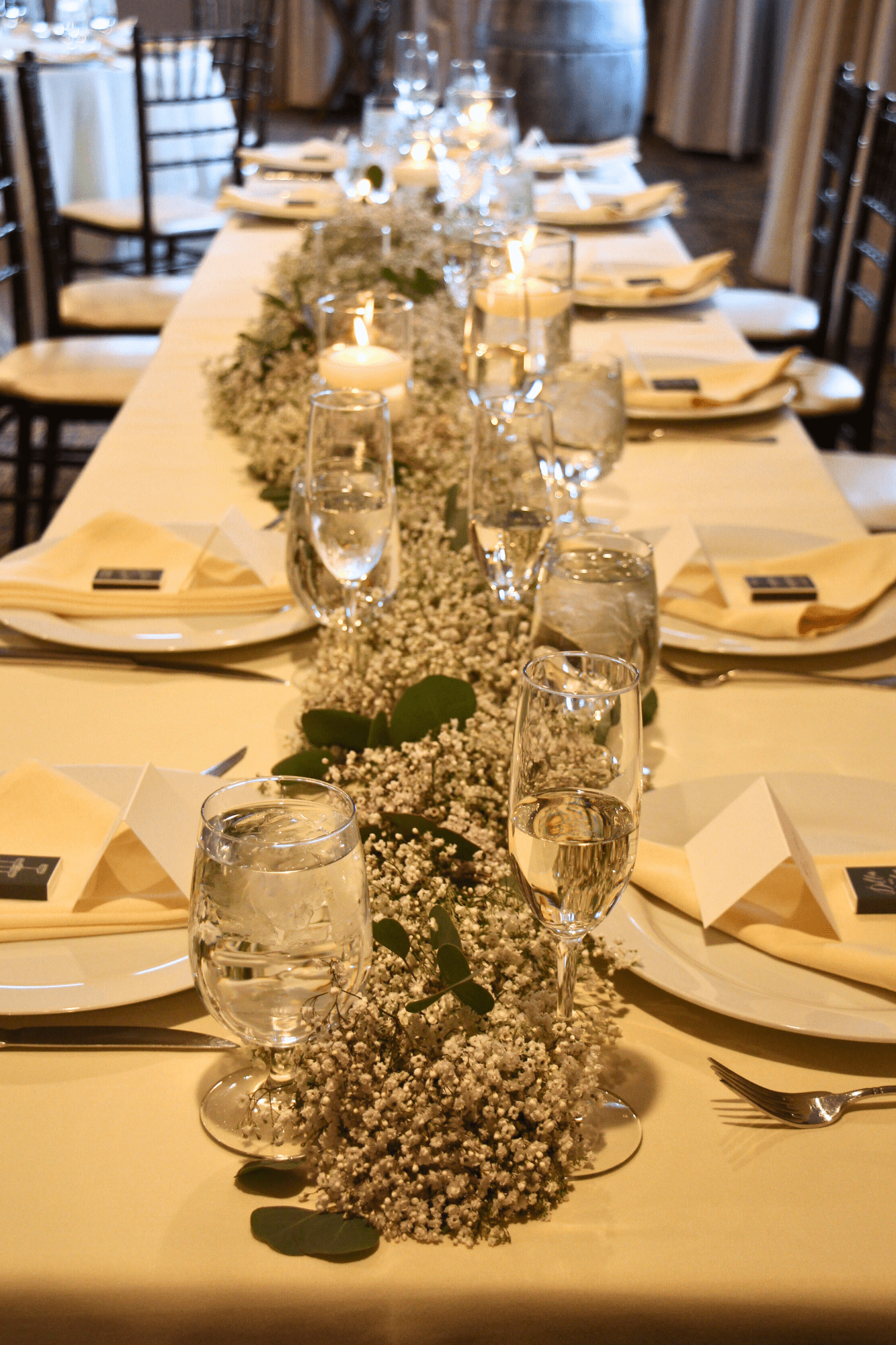 Table set up at labelle winery harvest room wedding