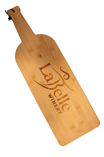 wine bottle shaped wood serving board with labelle winery logo