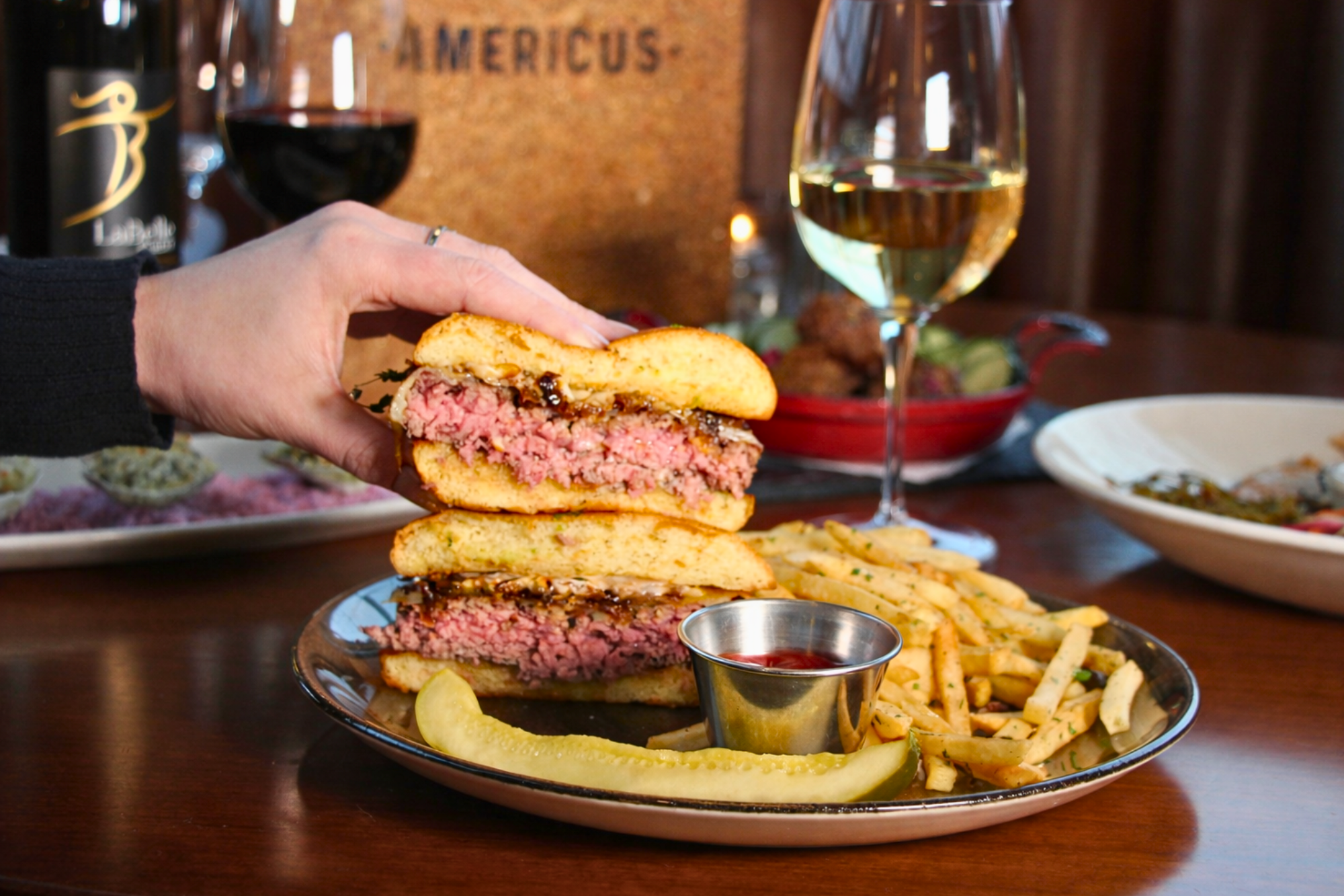 French Onion Burger americus restaurant labelle winery